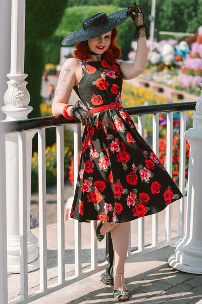 Floral Swing Dress in Black with Red Roses