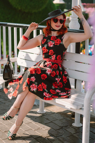 Floral Swing Dress in Black with Red Roses