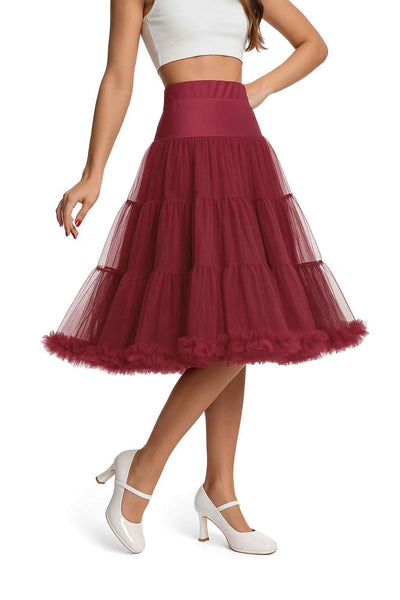 Close up view A model wearing a Fluffy Net Petticoat 25.5 In Burgundy