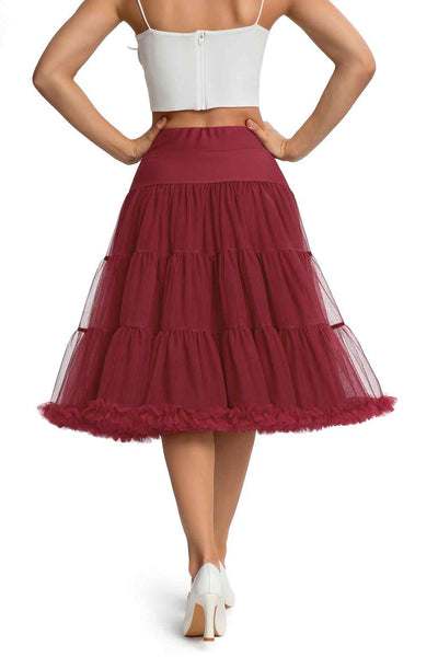 Back view A model wearing a Fluffy Net Petticoat 25.5 In Burgundy