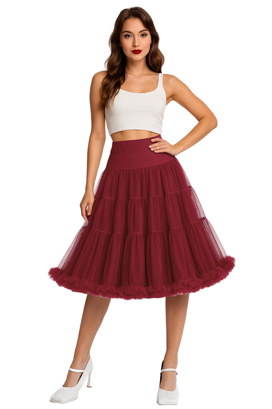 A model wearing a Fluffy Net Petticoat 25.5 In Burgundy