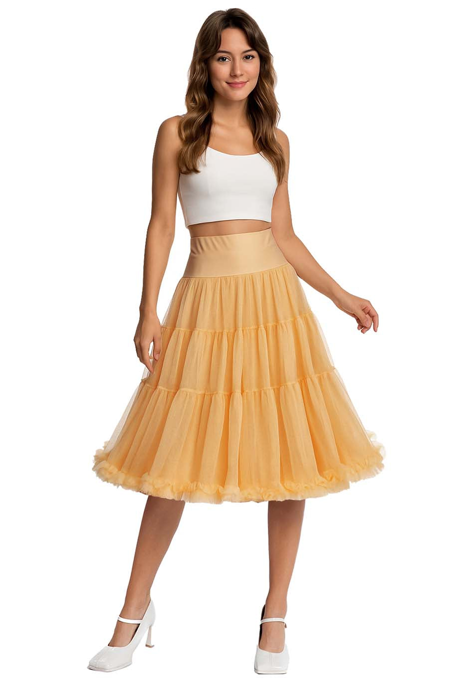 A model wearing a Fluffy Net Petticoat 25.5 In Champagne