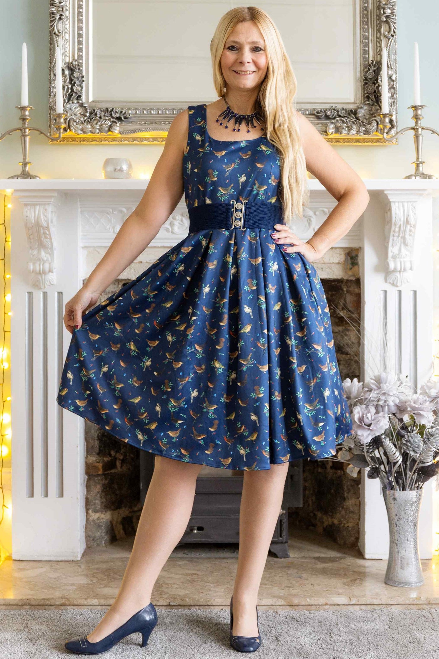 Blue Bird Print Swing Dress