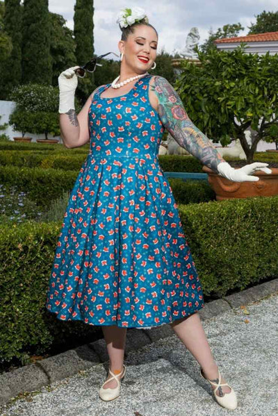 Model wearing a Pleated Retro Dress in Dark Blue Fox Print