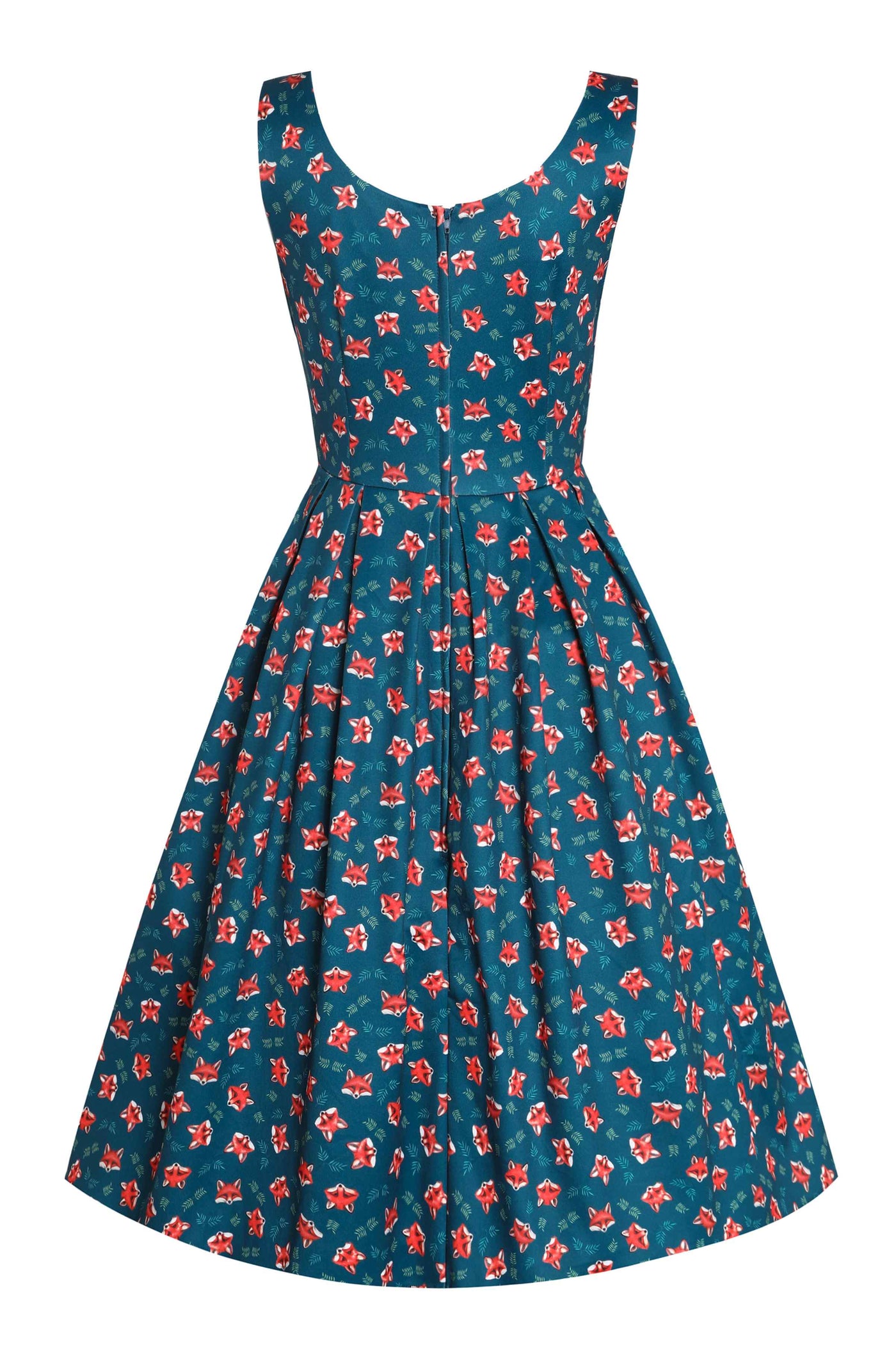 Back view of Pleated Retro Dress in Dark Blue Fox Print
