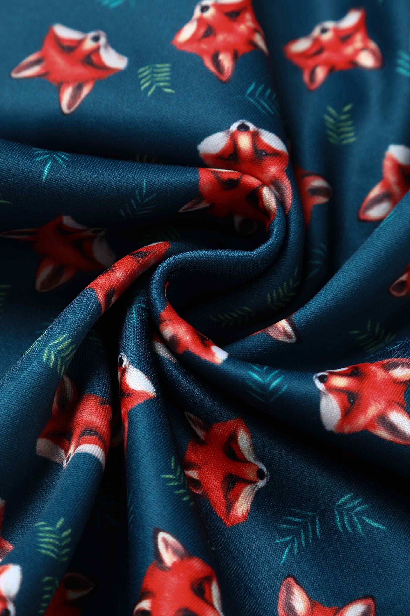 Close up view of Pleated Retro Dress in Dark Blue Fox Print