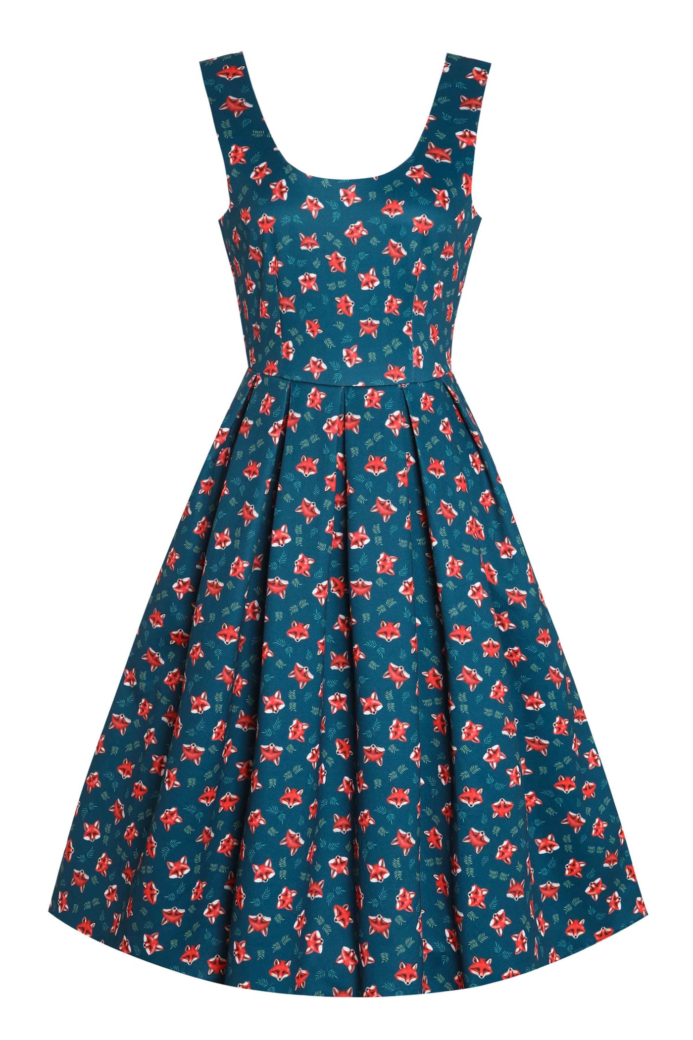 Front view of Pleated Retro Dress in Dark Blue Fox Print