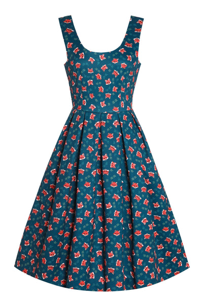 Front view of Pleated Retro Dress in Dark Blue Fox Print