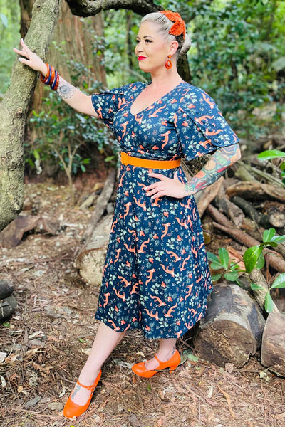 Model Photo of Fox Print Petal Sleeve Dress in Navy Blue