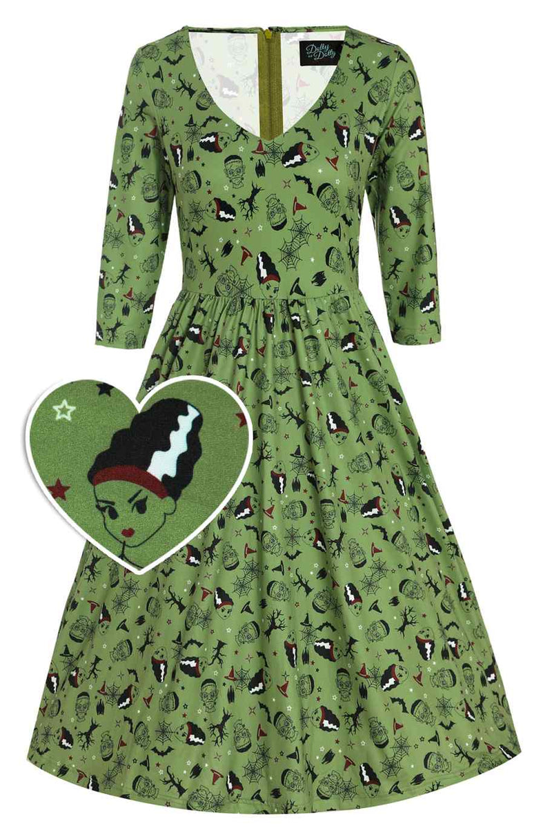 Front view of Frankenstein and The Bride Print Dress in Olive Green