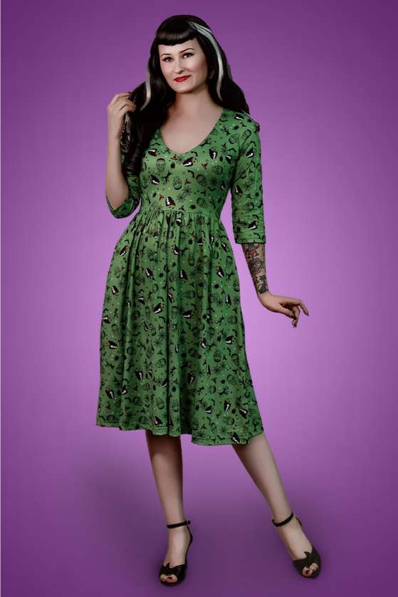 A charming model wearing a Frankenstein & The Bride Print Dress