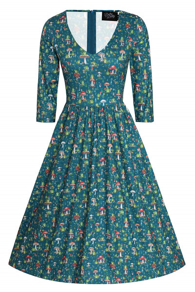 Front view of Frog and Mushroom Print Dress in Green