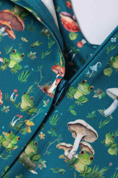 Close up view of Frog and Mushroom Print Dress in Green