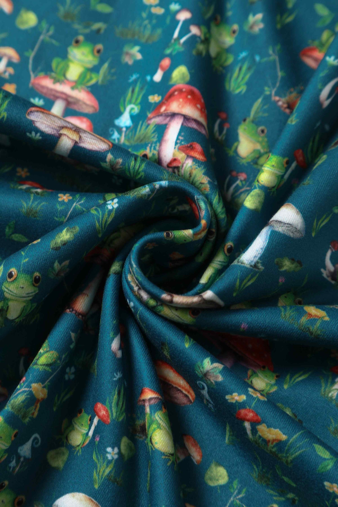 Close up view of Frog and Mushroom Print Dress in Green