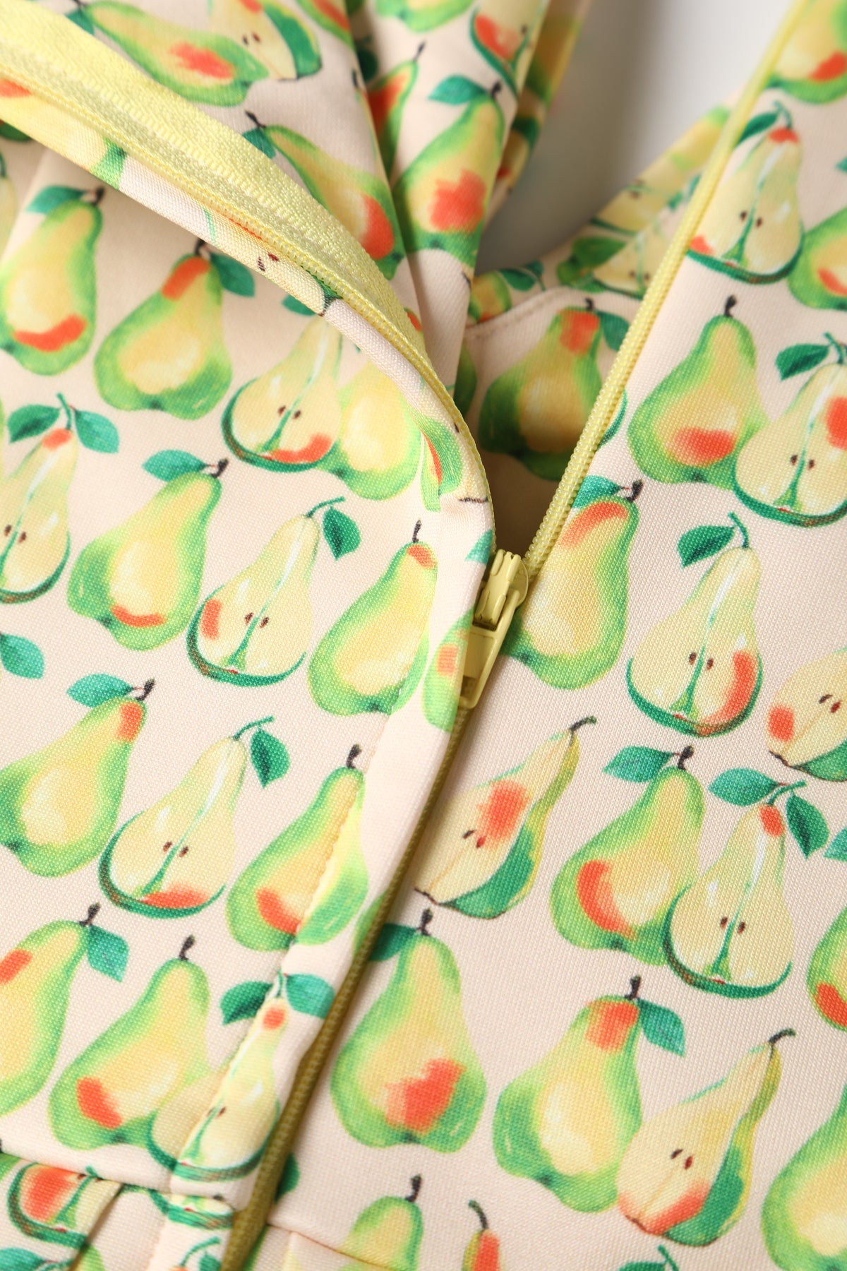 Close up view of Fruity Pear Off Shoulder Dress