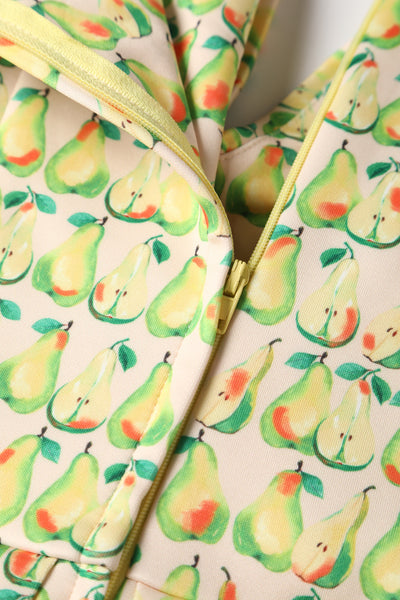 Close up view of Fruity Pear Off Shoulder Dress