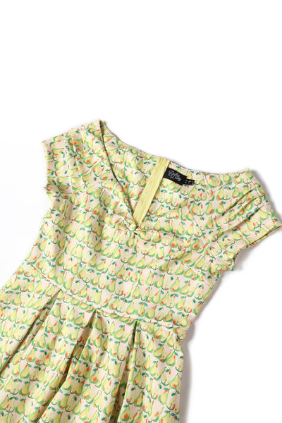 Close up view of Fruity Pear Off Shoulder Dress