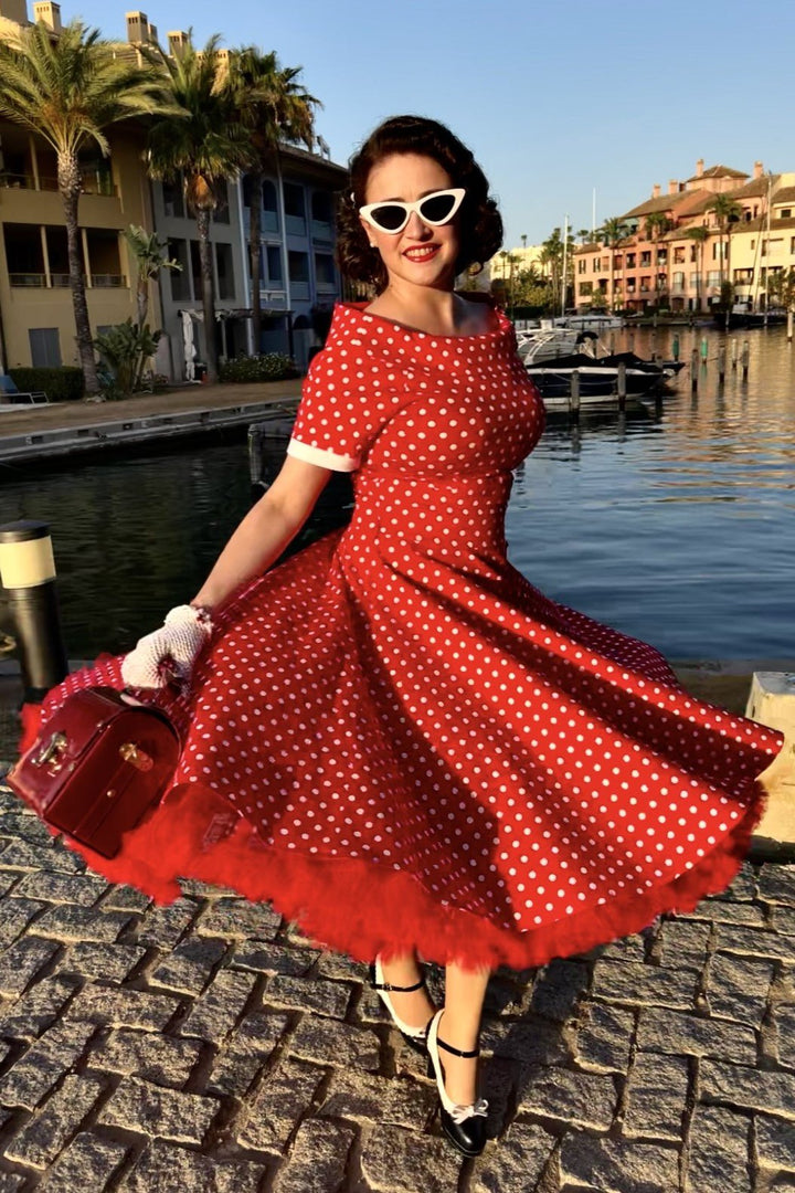 british retro red dress Dee Dee' Red Drape Vintage Style Full Circle Dress