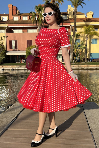 Model photo of Full Circle Red Polka Dot Swing Dress