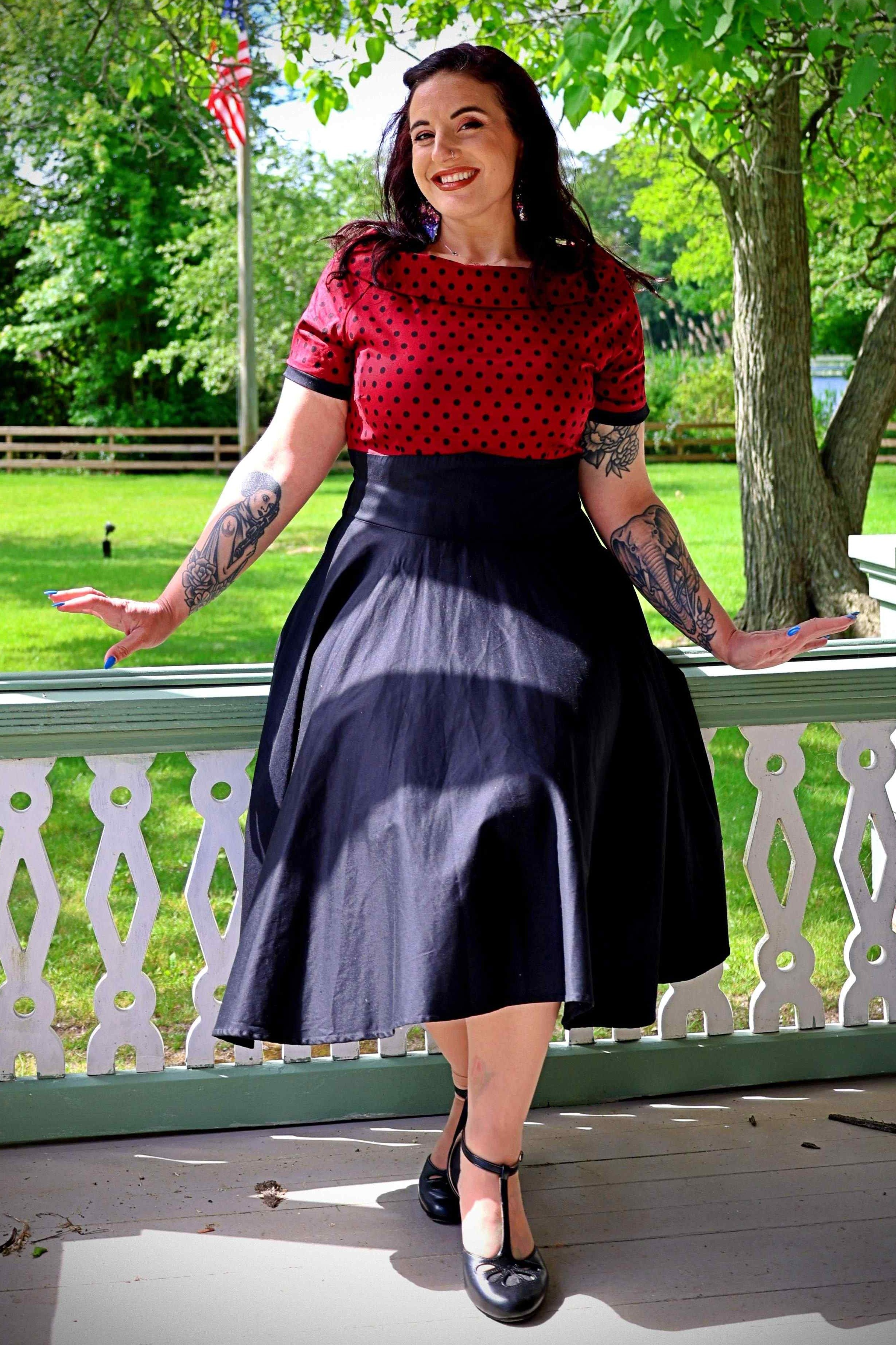 Darlene Full Circle Dress in Burgundy/Black Polka Dot Print