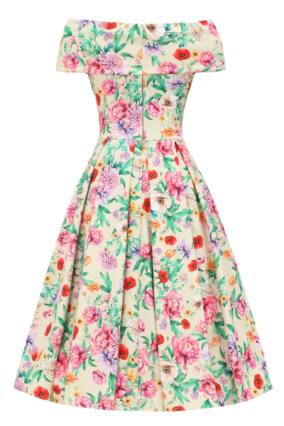 Back view of Garden Floral Off Shoulder Dress In Mint Green