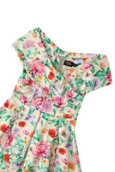 Close up view of Garden Floral Off Shoulder Dress In Mint Green