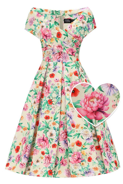 Front view of Garden Floral Off Shoulder Dress In Mint Green
