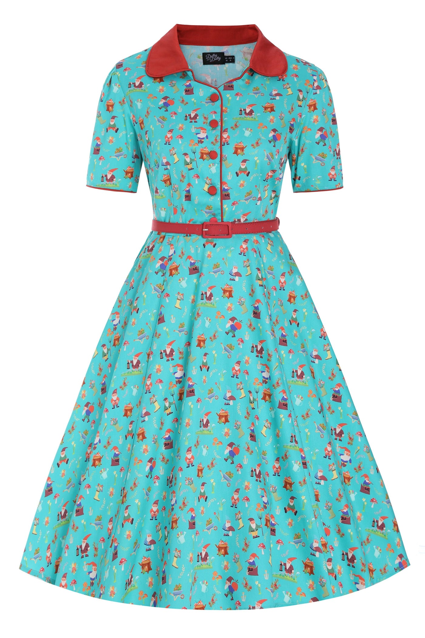 Front view of Garden Gnome Shirt Dress In Green