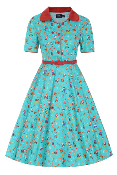 Front view of Garden Gnome Shirt Dress In Green
