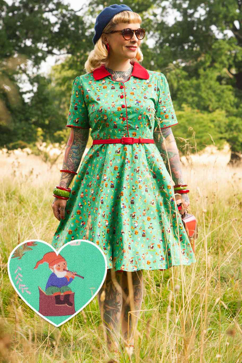 Penelope Garden Gnome Shirt Dress In Green Penelope Garden Gnome Shirt Dress In Green