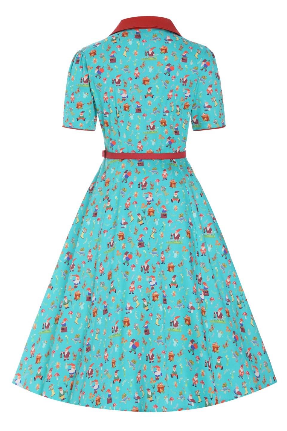 Back view of Garden Gnome Shirt Dress In Green