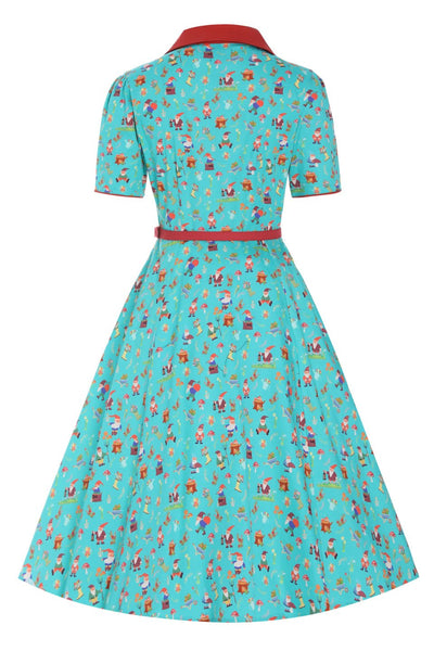 Back view of Garden Gnome Shirt Dress In Green
