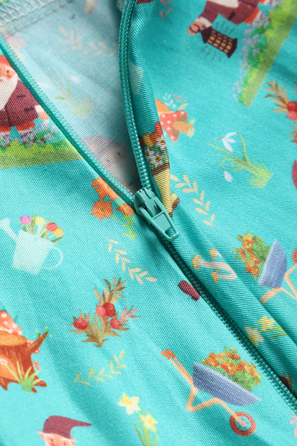 Close up view of Garden Gnome Shirt Dress In Green