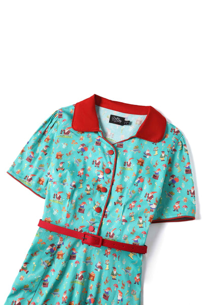 Close up view of Garden Gnome Shirt Dress In Green
