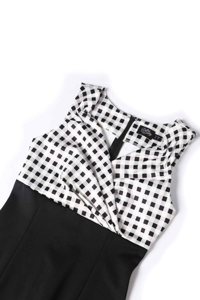 Close up View of Gingham Pencil Dress in White and Black
