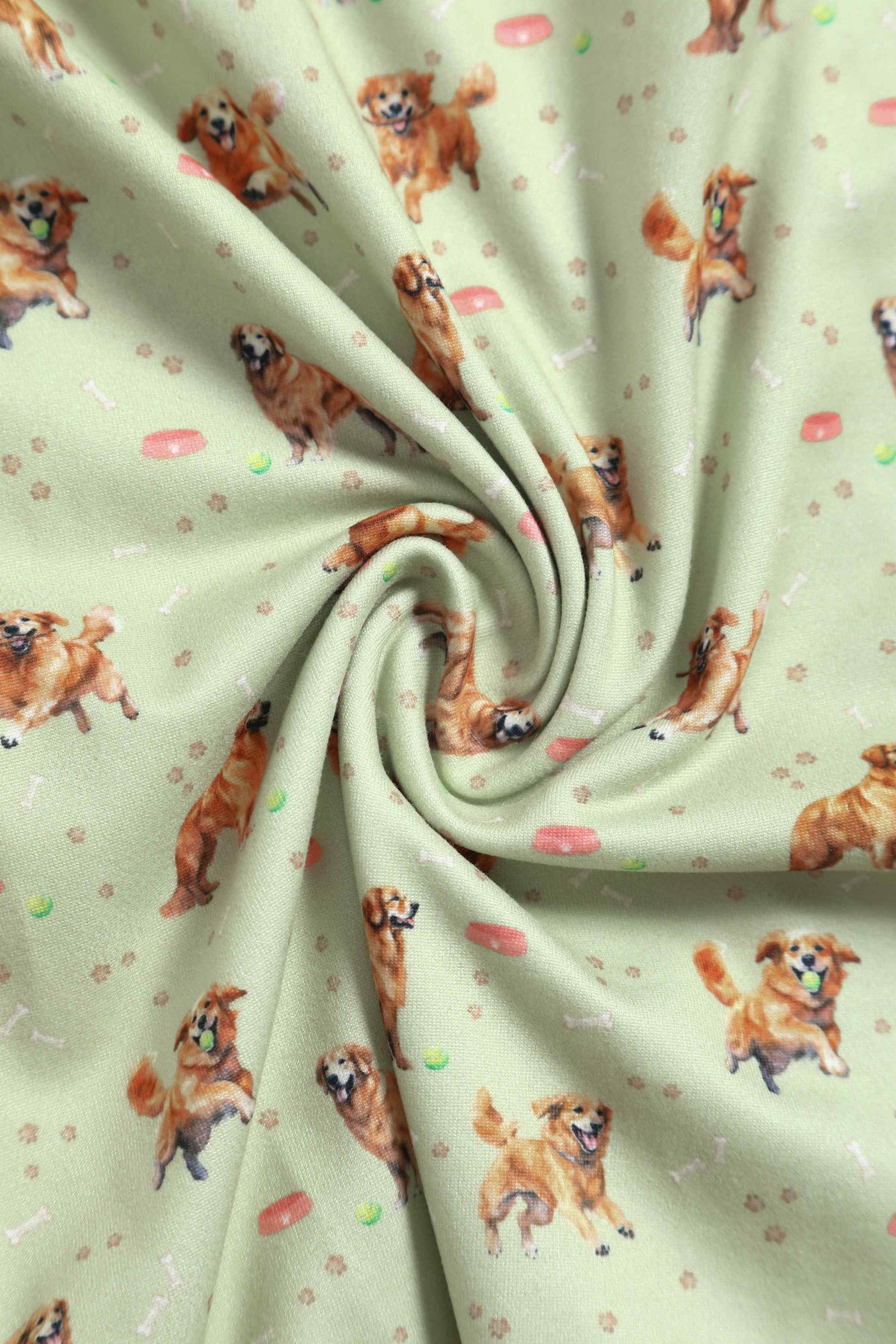 Close up View of Golden Retriever Print Long Sleeved Swing Dress in Green