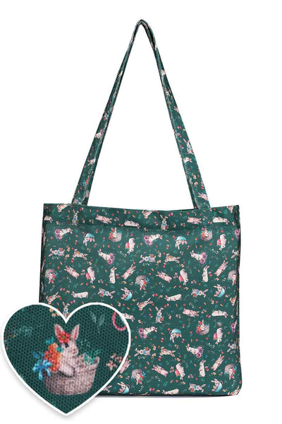 Green Bunny Print Canvas Tote Bag