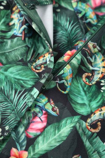 Close up view of Green Chameleon Swing Dress