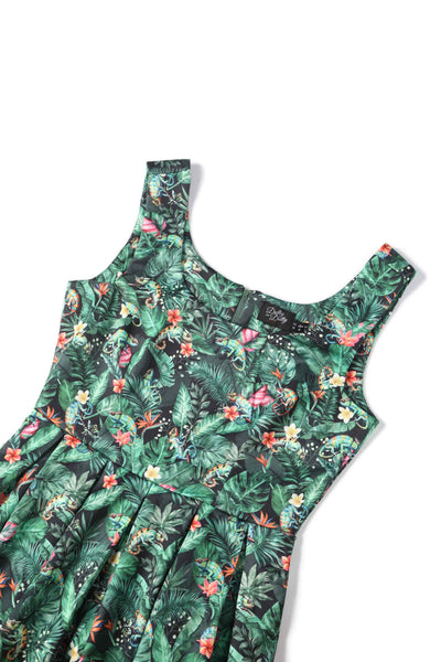Close up view of Green Chameleon Swing Dress