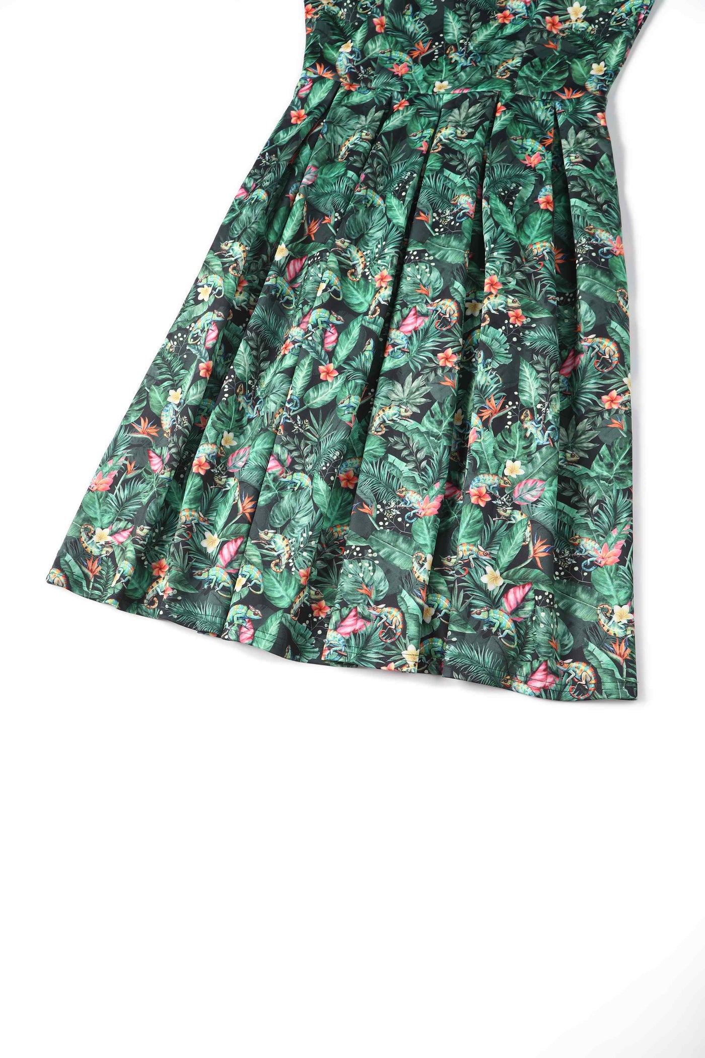 Close up view of Green Chameleon Swing Dress