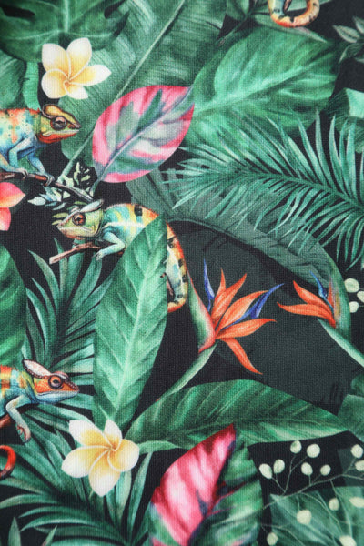Close up view of Green Chameleon Swing Dress