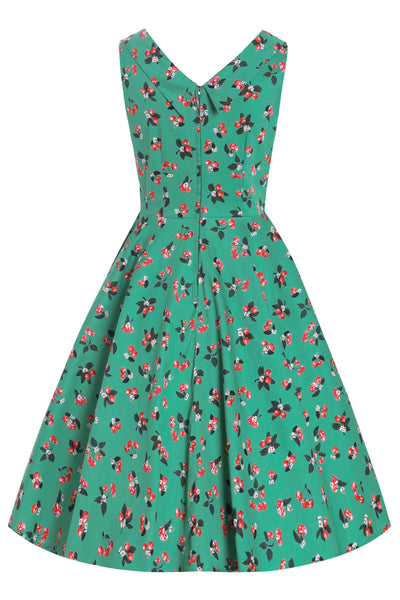 Back view of Green Cherry Pleated Bust Dress