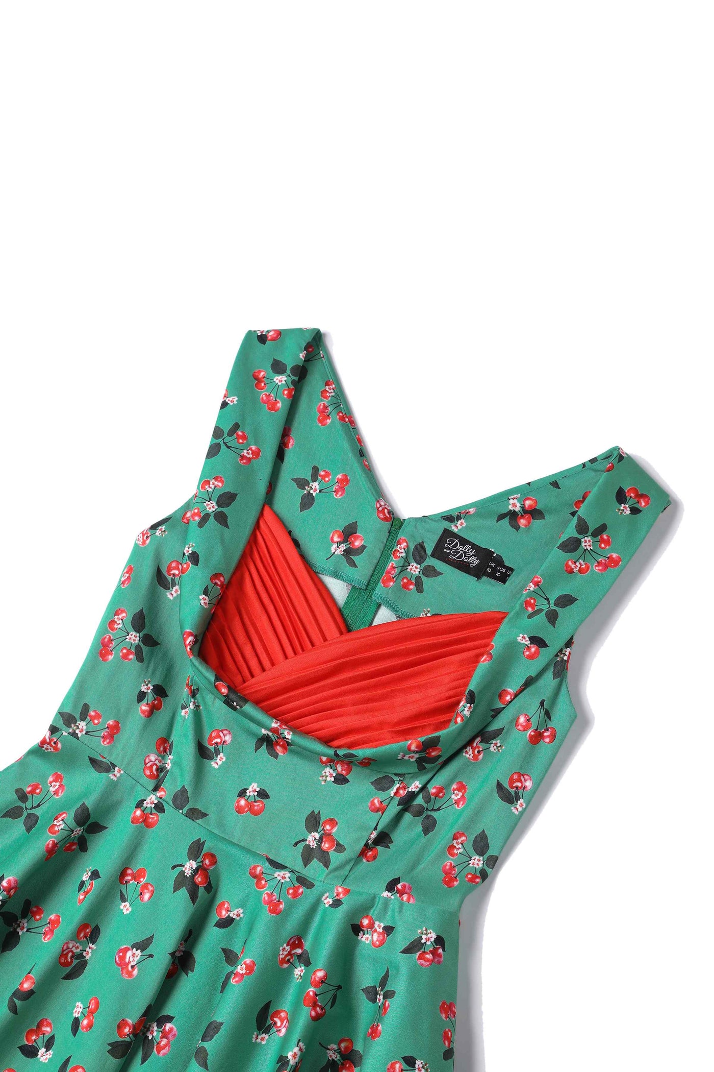 Close up view of Green Cherry Pleated Bust Dress