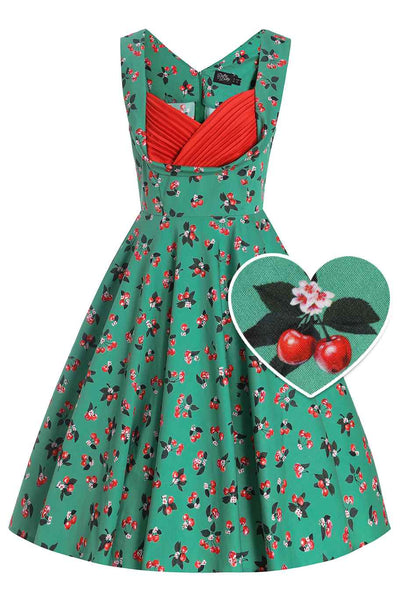 Front view of Green Cherry Pleated Bust Dress