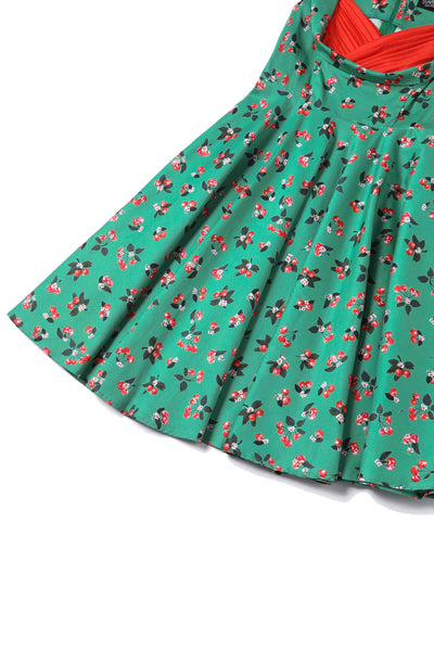 Close up view of Green Cherry Pleated Bust Dress