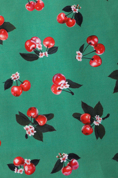 Close up  view of Green Cherry Pleated Bust Dress