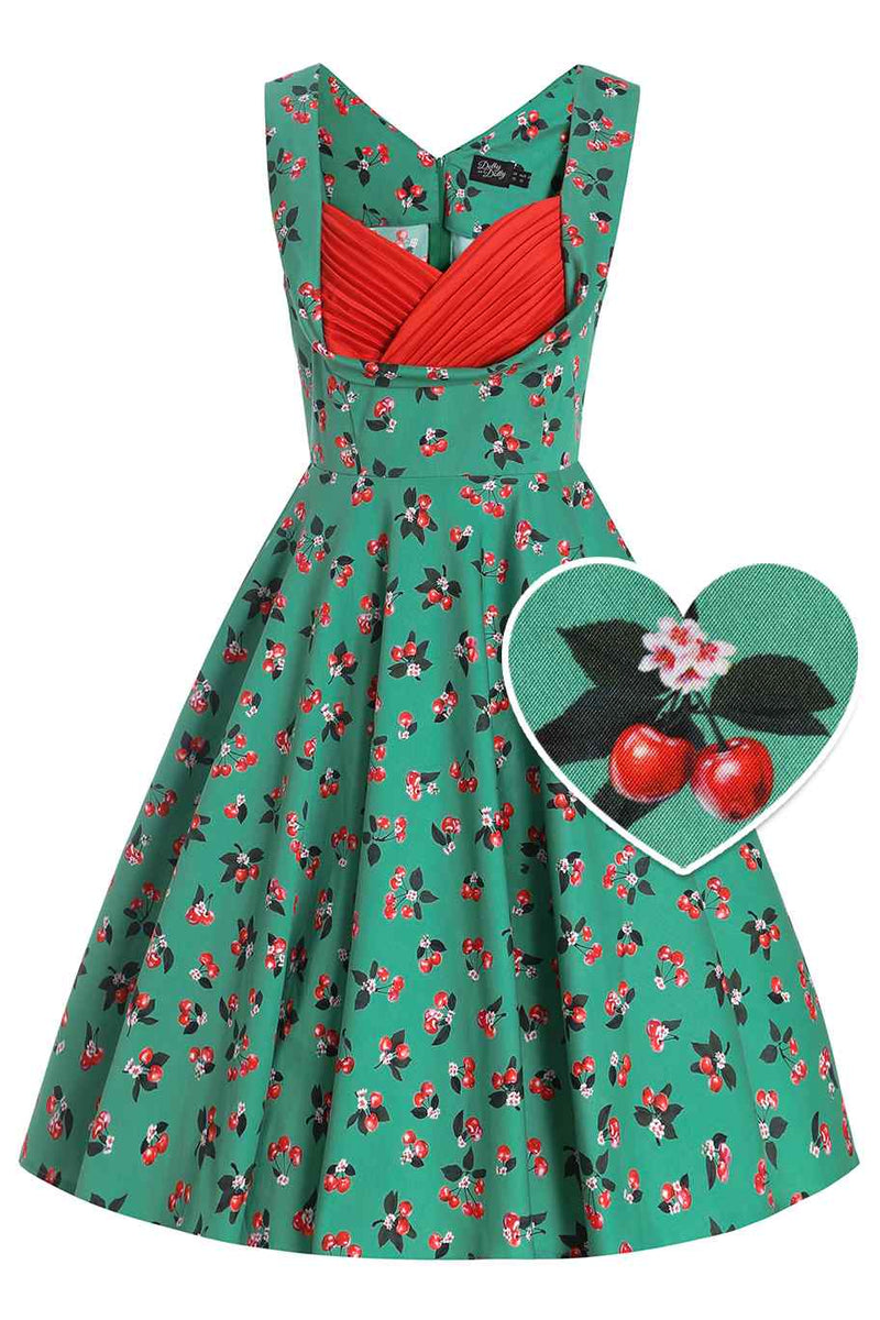 Front view of Green Cherry Pleated Bust Dress