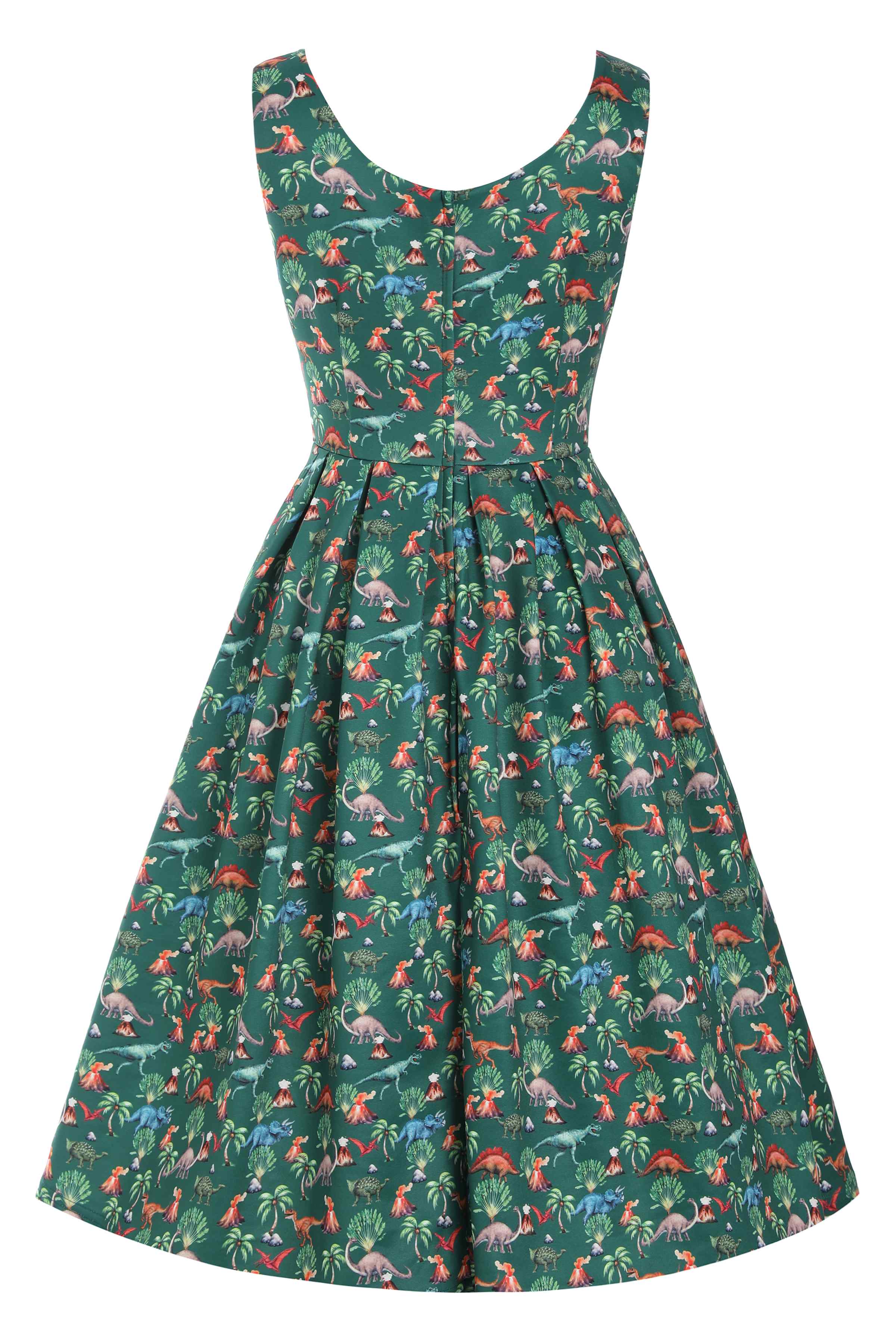 Jurassic Era Inspired Flared Dress In Green Dinosaur Print