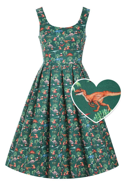 Close up view of Green Dinosaur & Volcano Swing Dress