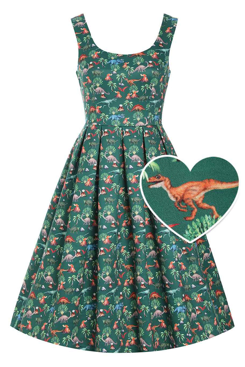 Close up view of Green Dinosaur & Volcano Swing Dress